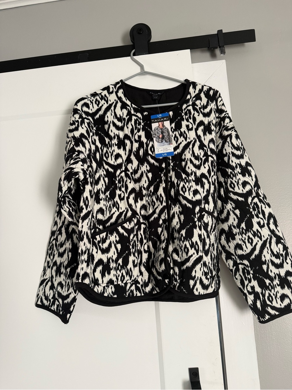 Tahari Black and White Patterned Bomber Jacket